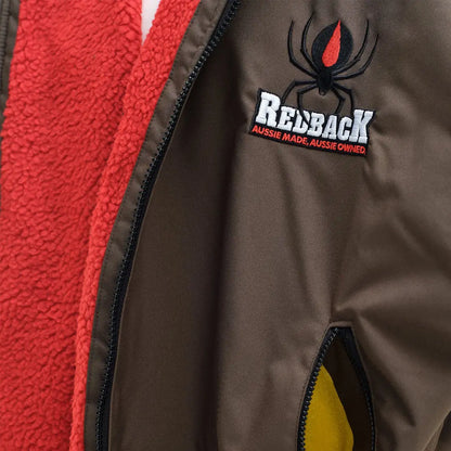 Brown Redback Robe jacket with red fleece lining and redback spider logo for country hunting gear