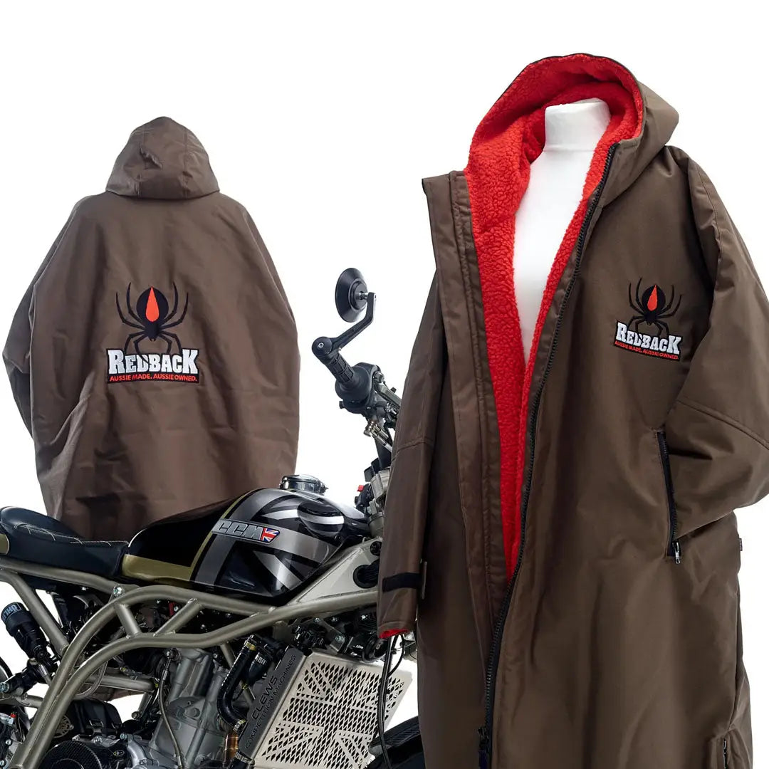 Brown hooded Redback Robe with red fleece lining, perfect for country clothing and hunting