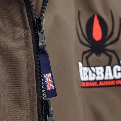 Brown fabric jacket with Union Jack zipper pull from Redback Robe country clothing for hunting