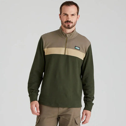 Man wearing a color-blocked Ridgeline Backslider Rugby Top, perfect for Ridgeline mens country clothing