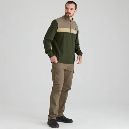 Man wearing olive and khaki Ridgeline Backslider Rugby Top in country clothing style