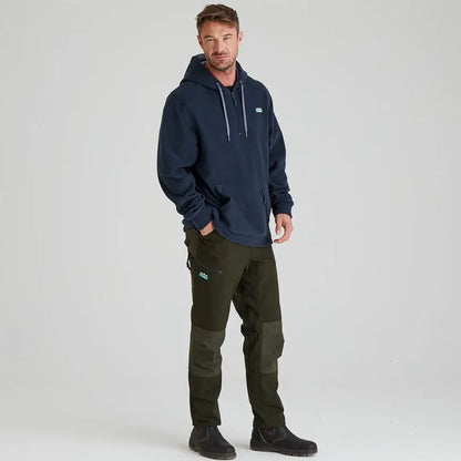 Man in navy hoodie and green work pants, perfect country pull-on for chilly autumn days