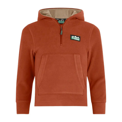 Rust-colored kids ballistic fleece hoodie with front pocket and partial zipper