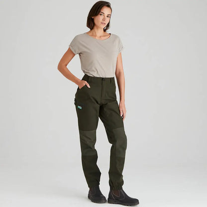 Woman in olive green Ridgeline Ladies Cambrian Trousers for all-day wear in worst weather