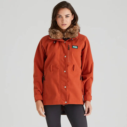 Woman wearing Rust-colored Ridgeline Ladies Monsoon Nordic Jacket with fur collar
