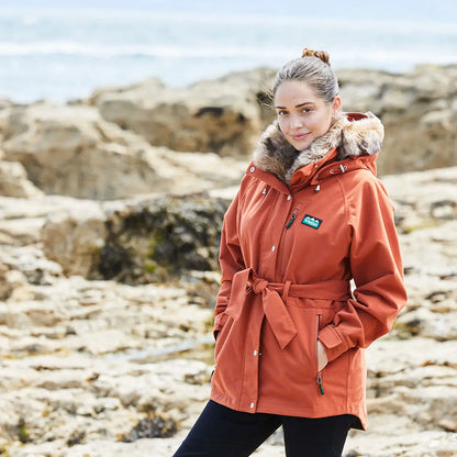 Orange belted winter coat with fur hood shown in Ridgeline Ladies Monsoon Nordic Jacket