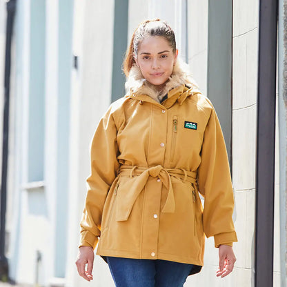 Mustard-colored belted winter coat from Ridgeline Ladies Monsoon Nordic Jacket collection