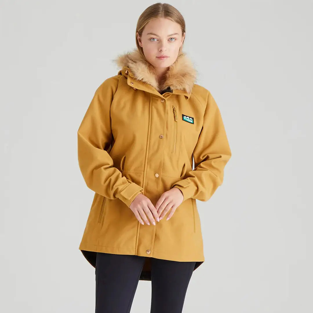 Mustard-colored Ridgeline Ladies Monsoon Nordic Jacket with fur-trimmed hood