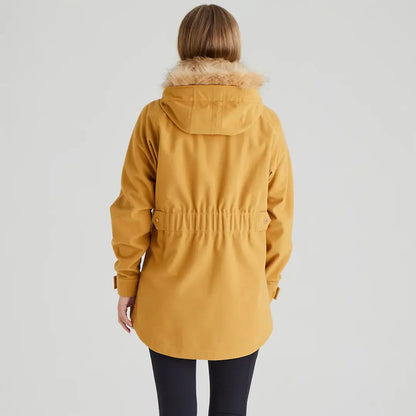 Mustard-colored Ridgeline Ladies Monsoon Nordic Jacket with fur-trimmed hood