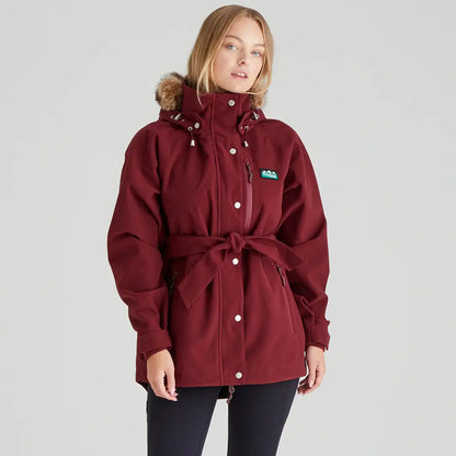 Maroon belted winter coat with fur hood from Ridgeline Ladies Monsoon Nordic Jacket collection