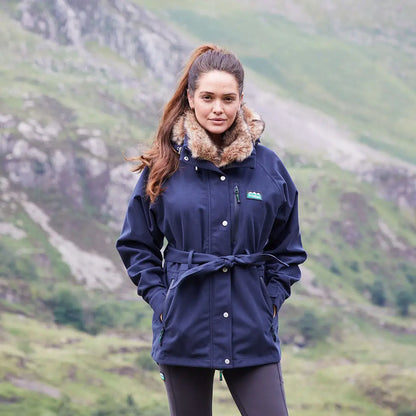 Navy belted Ridgeline Ladies Monsoon Nordic Jacket with fur collar for cozy style