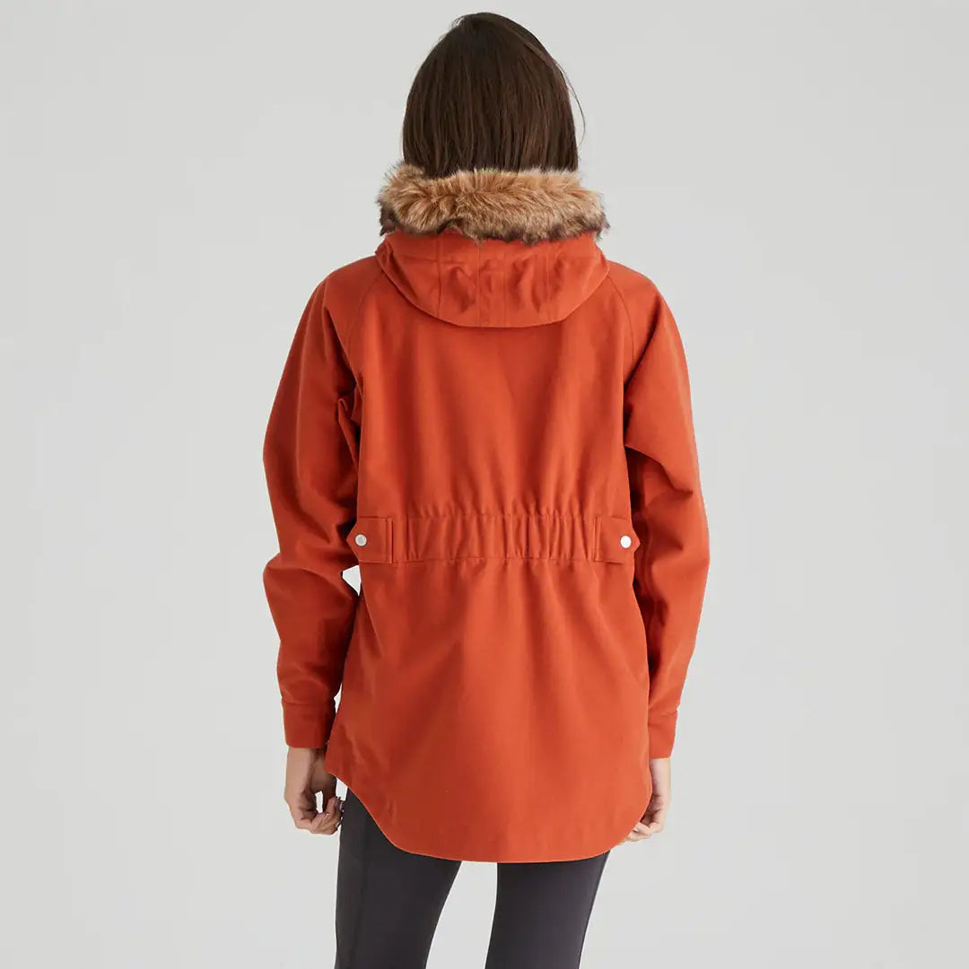 Orange parka with fur-trimmed hood on Ridgeline Ladies Monsoon Nordic Jacket product page
