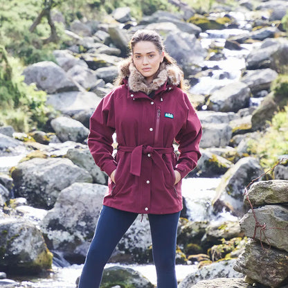 Burgundy belted winter coat on Ridgeline Ladies Monsoon Nordic Jacket for chilly days