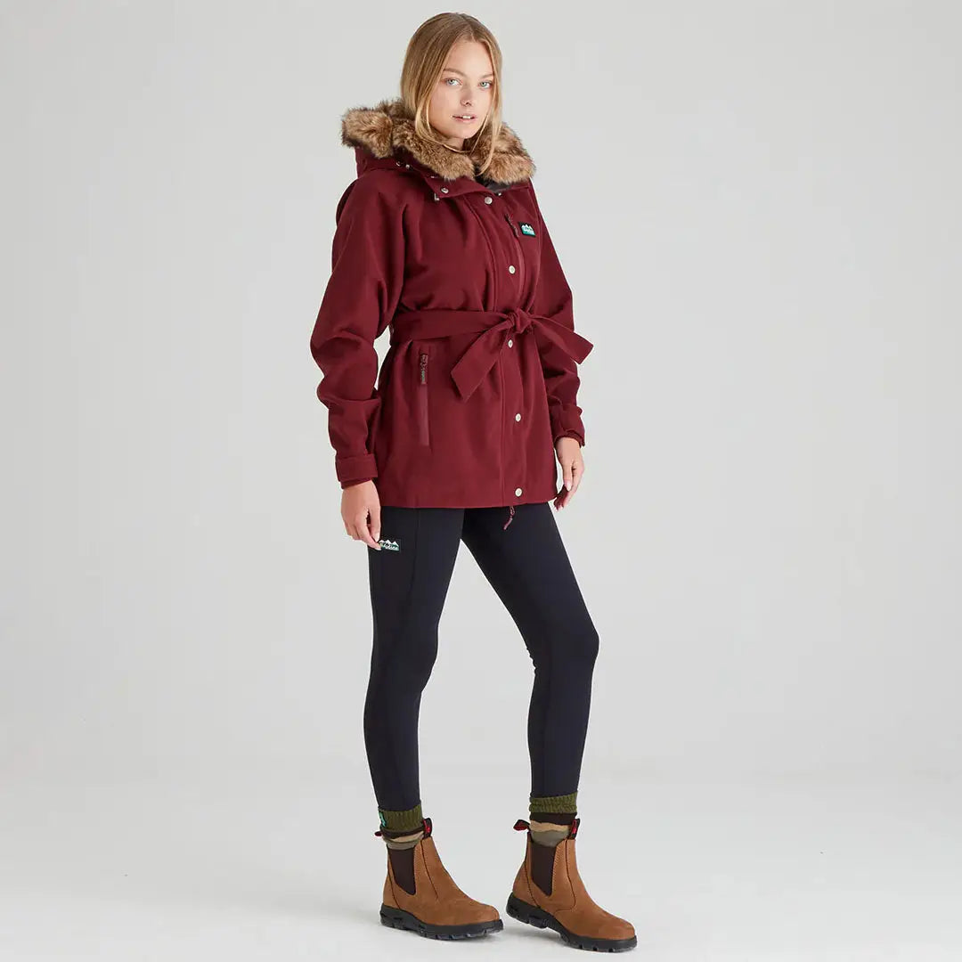 Burgundy belted hooded jacket from the Ridgeline Ladies Monsoon Nordic Jacket collection