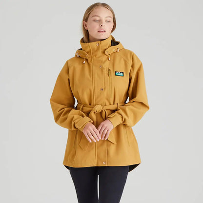 Mustard-colored Ridgeline Ladies Monsoon Nordic Jacket with belt, stylish Nordic jacket