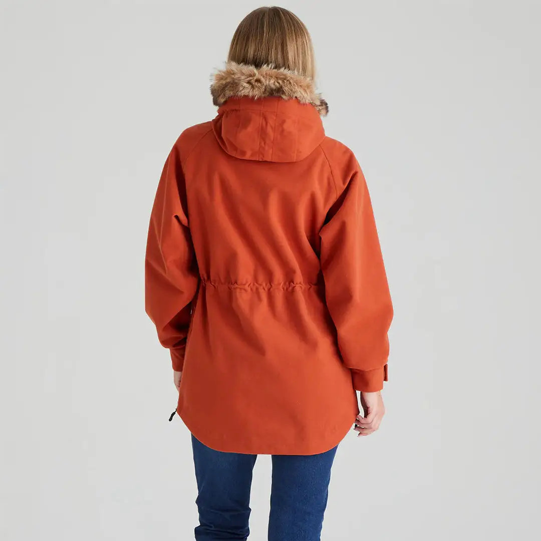 Orange parka with fur-trimmed hood from Ridgeline Ladies Monsoon Nordic Smock
