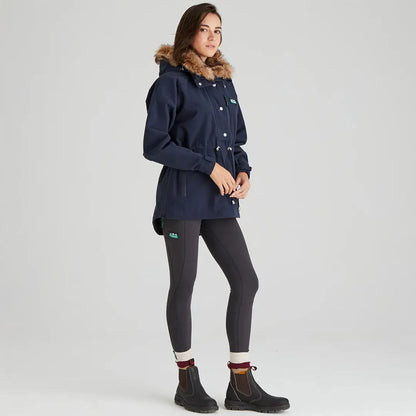 Woman wearing navy Ridgeline Ladies Monsoon Nordic Smock with fur-trimmed hood