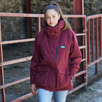 Burgundy Rhea Jacket shown as a stylish yet hard-working field coat for women