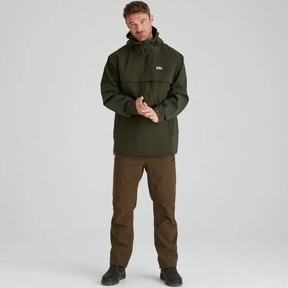 Man in green hooded anorak wearing Cambrian Smock for country clothing and hunting gear