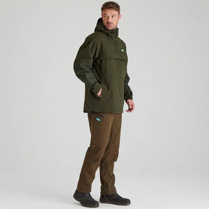 Man in green Cambrian Smock and brown pants, perfect for country clothing and hunting