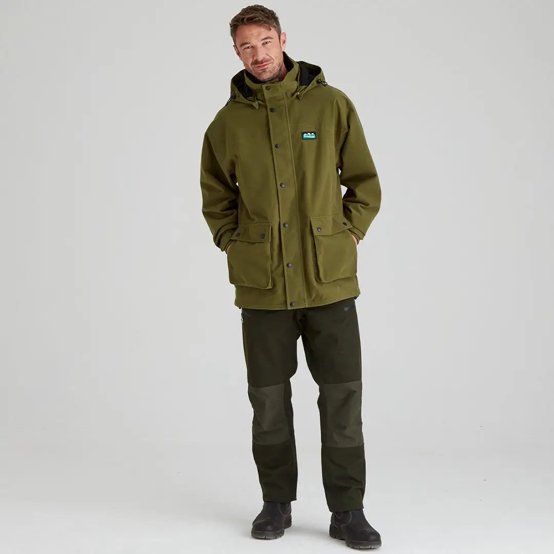 Man in olive green Ridgeline Torrent III jacket for country clothing outdoor wear