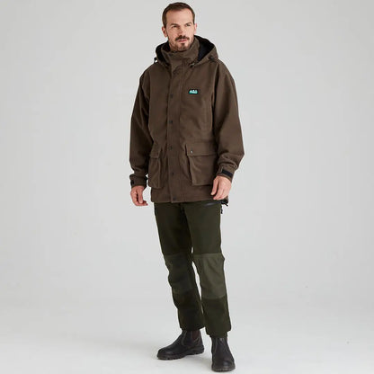 Man in brown hooded jacket and green pants wearing Ridgeline Torrent III jacket