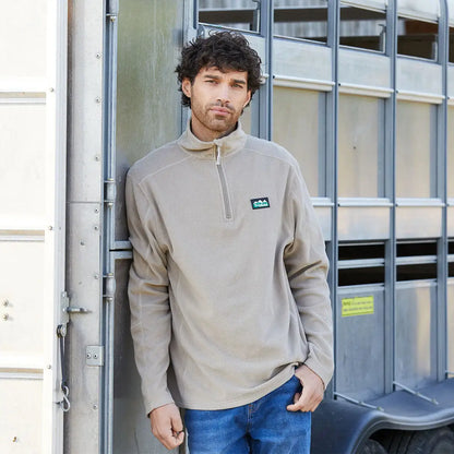Man wearing Ridgeline Narvik Fleece in tan, stylish functional polyester fleece