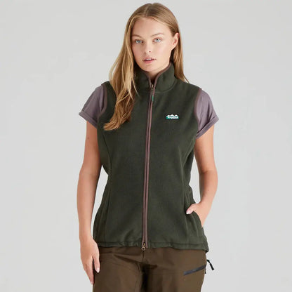 Woman wearing Ridgeline Womens Kodiak Gilet in olive green fleece vest, perfect for outdoor adventures