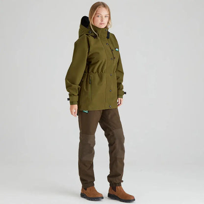 Olive green Ridgeline Womens Monsoon Classic Jacket with brown pants for outdoor style