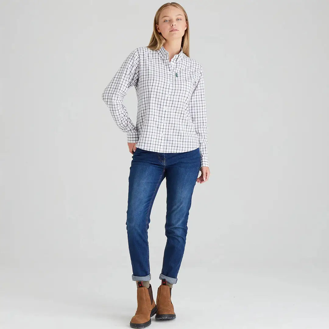 Ridgeline Womens Sedgebrook Shirt featuring woman in plaid shirt and jeans