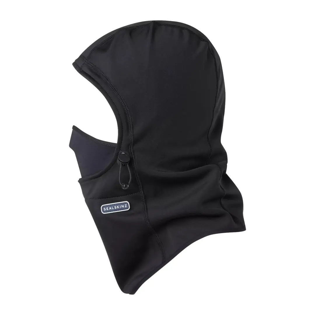 Black balaclava head gaitor with adjustable drawstring and white brand tag for hunting