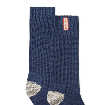 Dark blue lightweight waffle knit socks with grey reinforced heels and toes