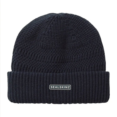 Dark navy blue roll cuff beanie with textured knit and ribbed cuff for cold weather