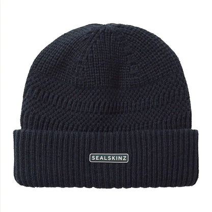 Dark navy blue roll cuff beanie with textured knit and ribbed cuff for cold weather
