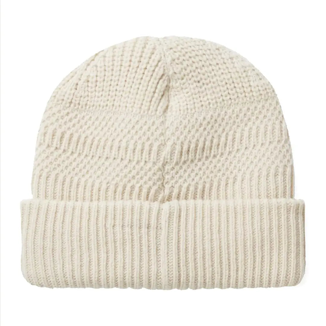 Off-white roll cuff beanie with ribbed cuff, perfect for cold weather style