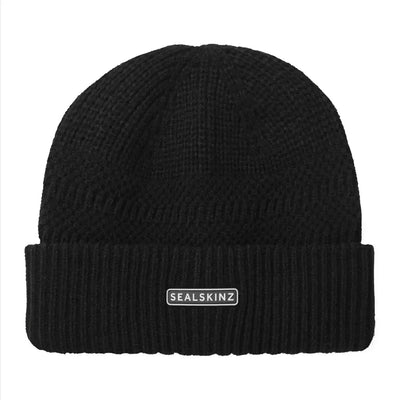 Black knitted roll cuff beanie with textured stripe from Sealskinz Gressenhall lineup