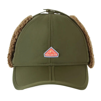 Olive green trapper hat with faux fur ear warmer for hunting and country clothing