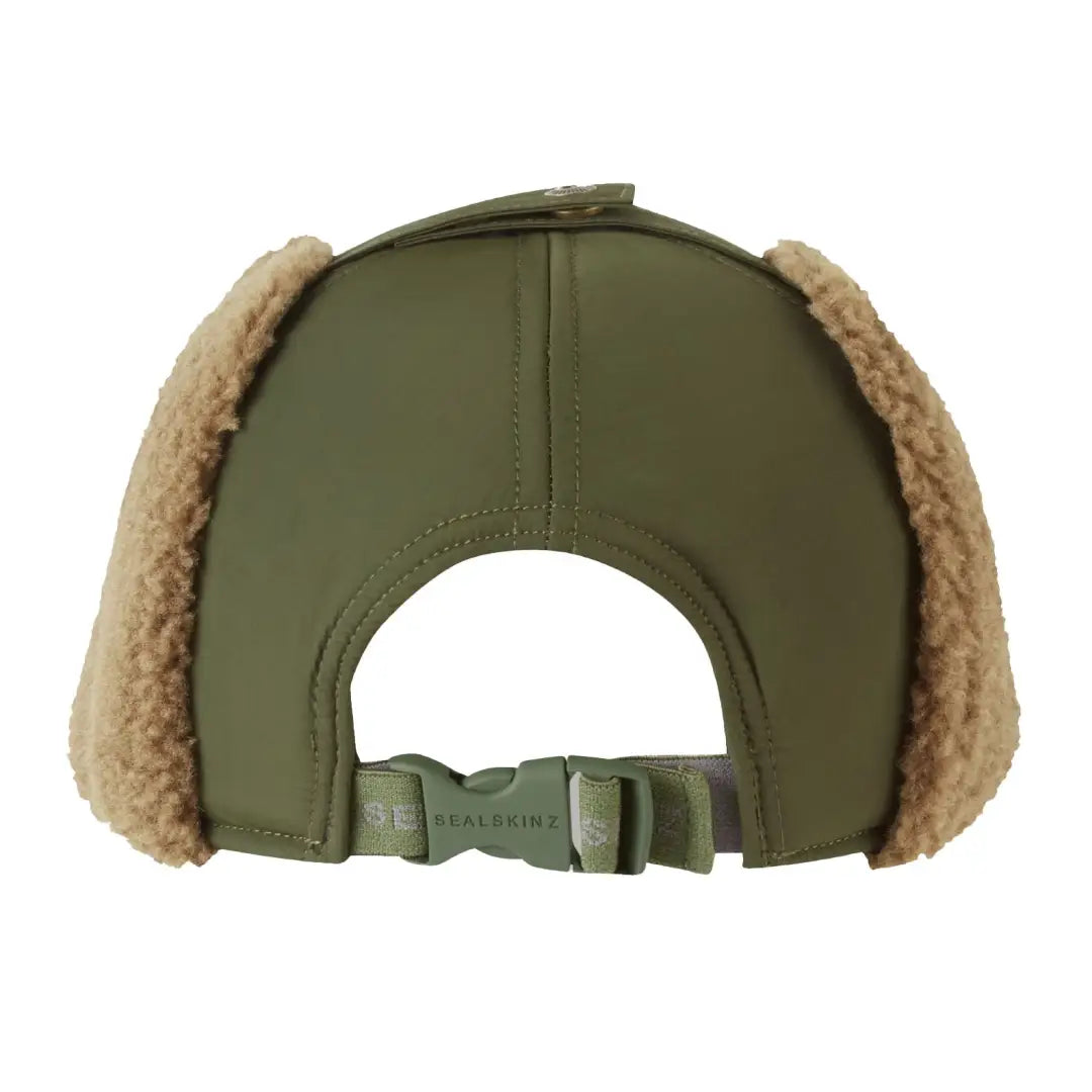 Olive green bomber hat with tan faux fur ear warmer and adjustable back buckle for hunting and country clothing