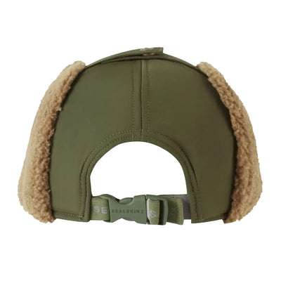 Olive green bomber hat with tan faux fur ear warmer and adjustable back buckle for hunting and country clothing