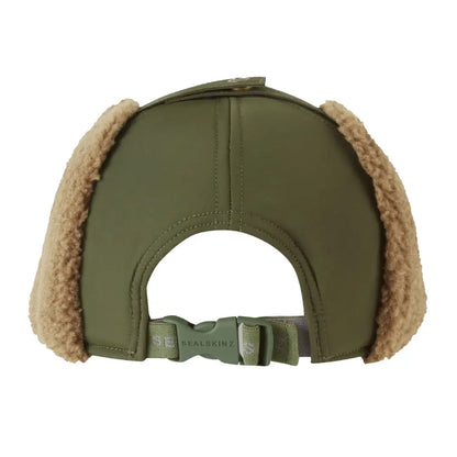 Olive green bomber hat with tan faux fur ear warmer and adjustable back buckle for hunting and country clothing
