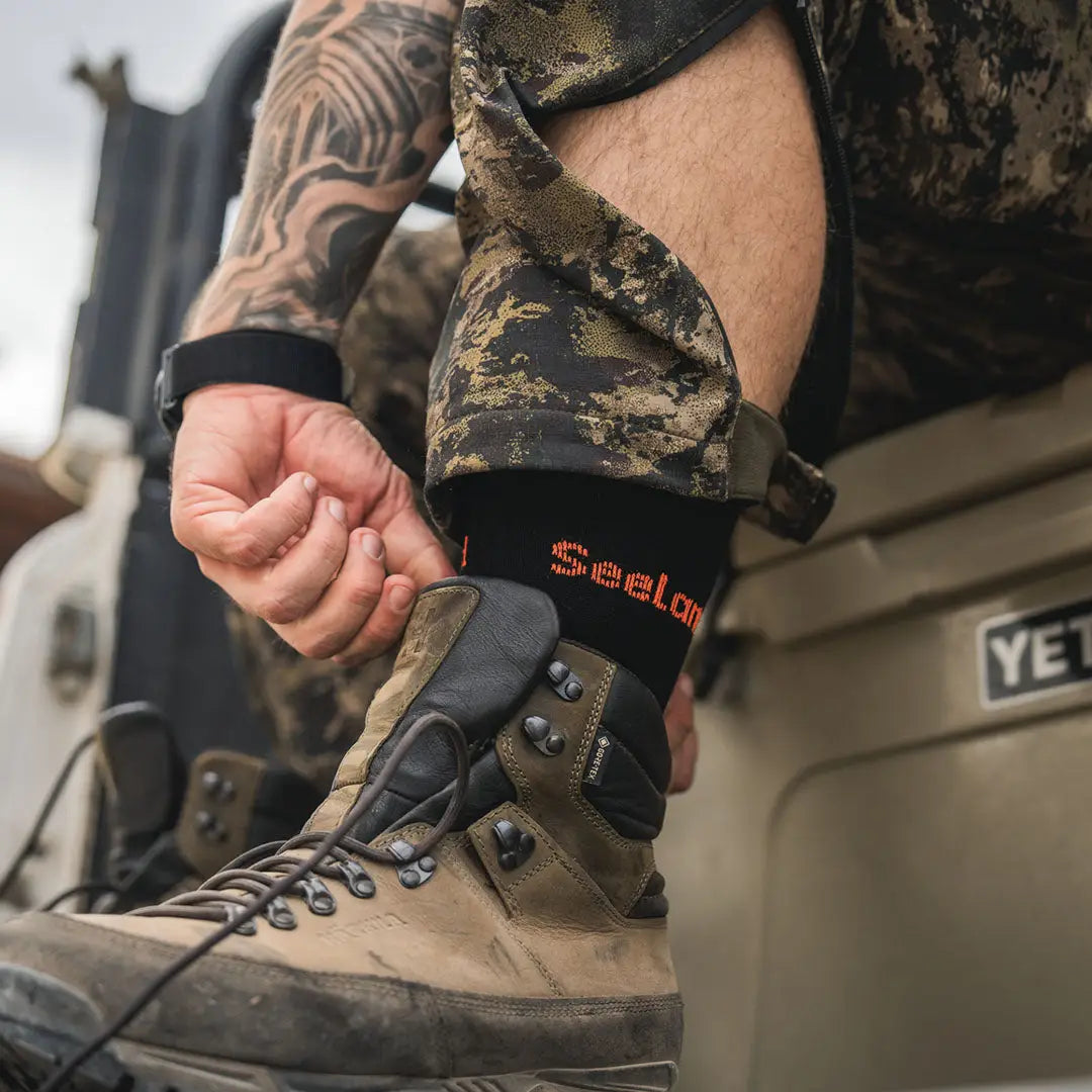 Laced-up hiking boot with Seeland Field Coolmax Sock for tough country hunting days