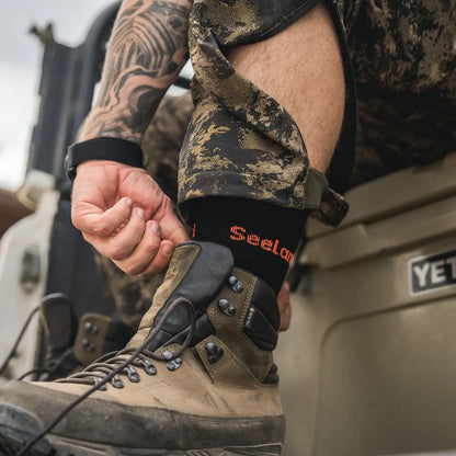 Laced-up hiking boot with Seeland Field Coolmax Sock for tough country hunting days