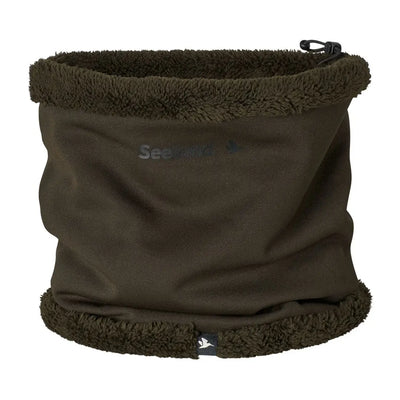 Brown Seeland Iron Neck Gaiter with fuzzy trim, perfect for cozy neck warmth