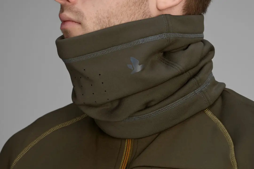 Seeland Neck Gaiter with olive green warm roll collar and breathable perforations