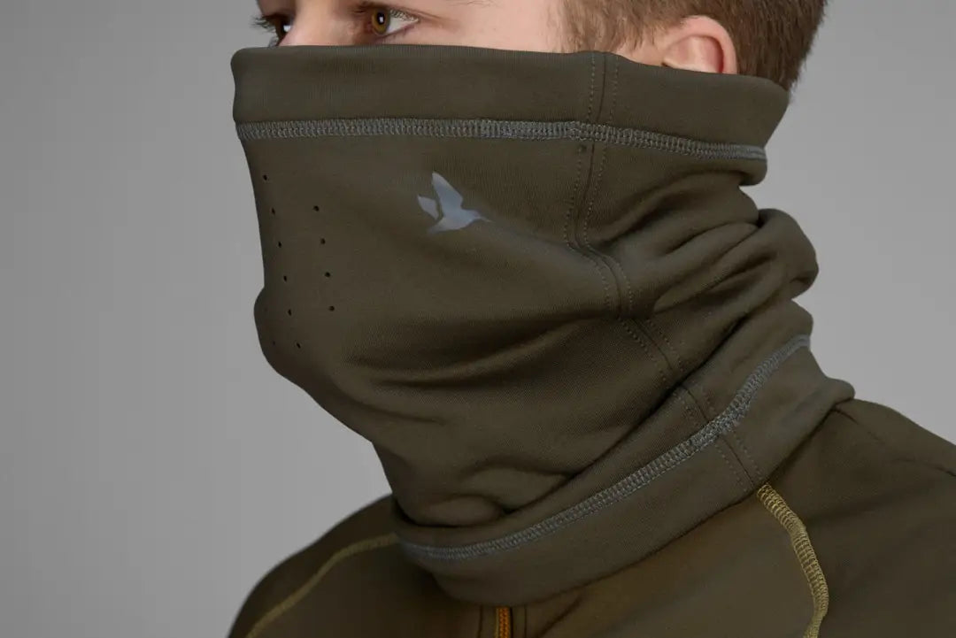 Olive green Seeland Neck Gaiter with ventilation holes and logo, perfect for warm roll collar style