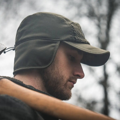 Green trapper hat showing Seeland Teddy Fold Down Cap, cozy fold-down cap style