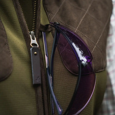 Olive and brown Seeland Wenlock Faye Ladies Waistcoat with stylish sunglasses for country clothing