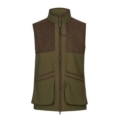 Olive green and brown shooting vest, perfect for country clothing and outdoor hunting adventures