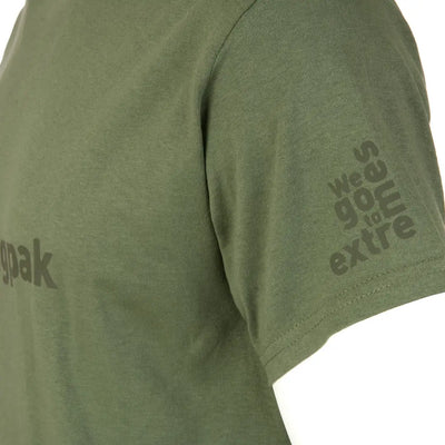 Olive green Snugpak T-Shirt sleeve with faded text, perfect for country clothing and outdoors