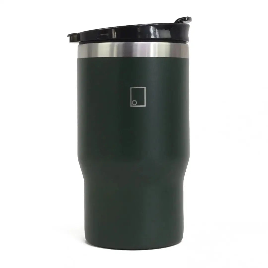 Sophos 14oz vacuum mug in dark green with black lid and silver accents